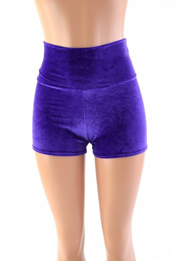 Purple Velvet High Waist Shorts - 4