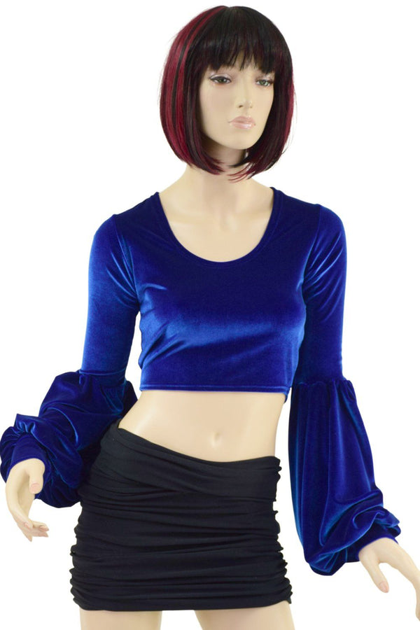 Lantern Sleeve Crop Top in Sapphire Velvet - 3