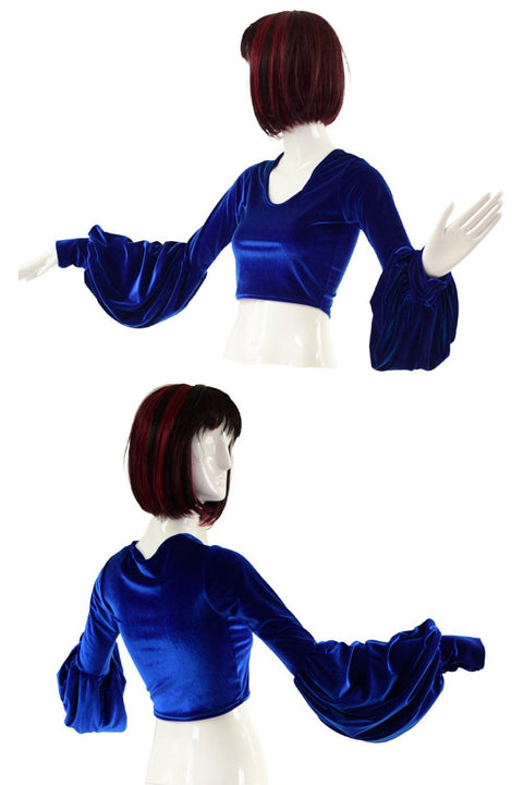 Lantern Sleeve Crop Top in Sapphire Velvet - Coquetry Clothing