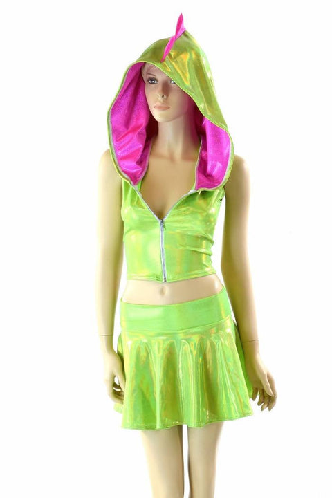 Lime Holographic Crop Hoodie & Skirt Set - Coquetry Clothing