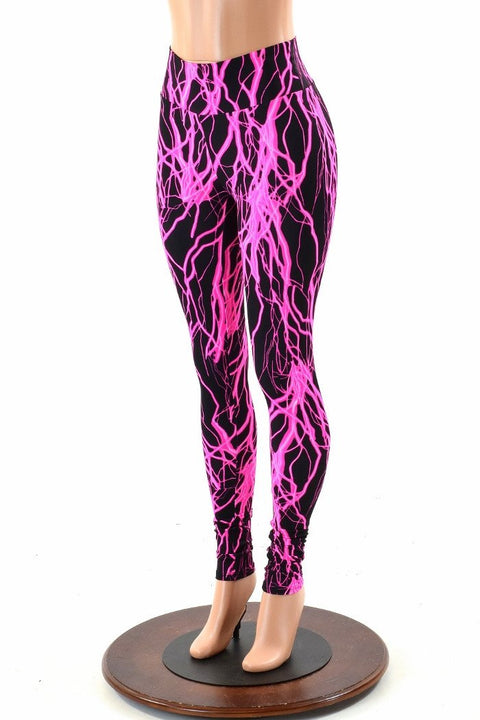 Neon Pink Lightning High Waist Leggings - Coquetry Clothing