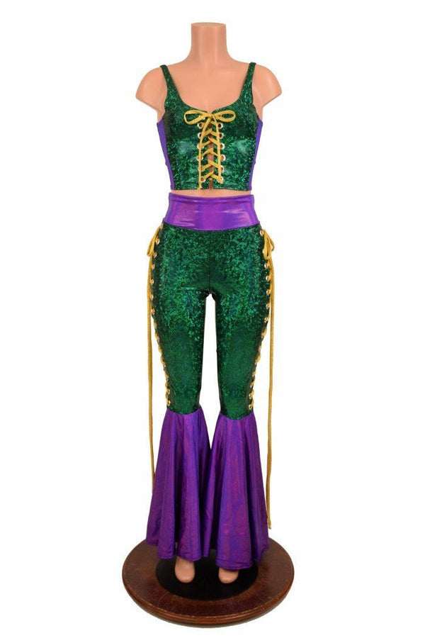 Mardi Gras 2PC Lace Up Top and Bell Bottom Pants Set - 14