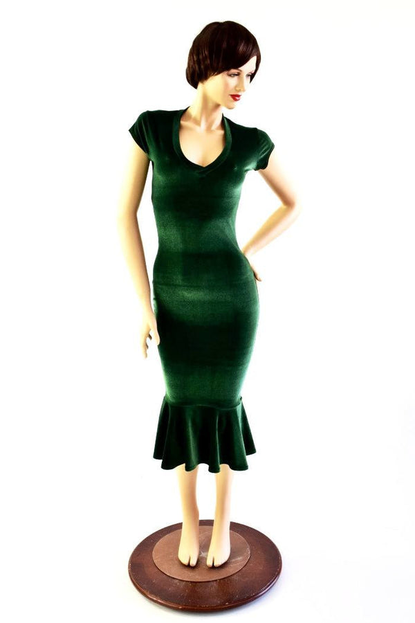 Green Velvet Ruffled Wiggle Dress - 1