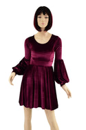 Burgundy Velvet Lantern Sleeve Skater Dress - 2