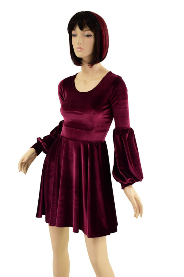 Burgundy Velvet Lantern Sleeve Skater Dress - 3