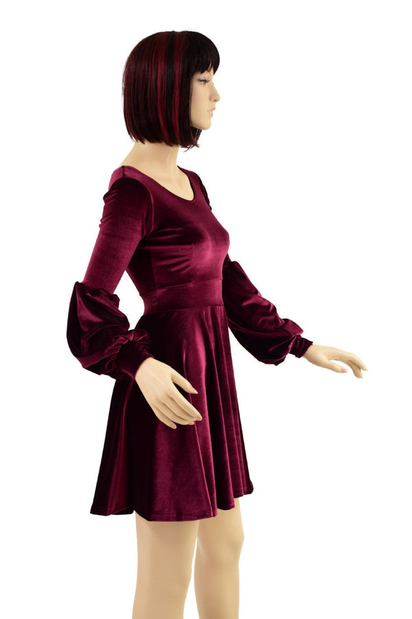 Burgundy Velvet Lantern Sleeve Skater Dress - 5