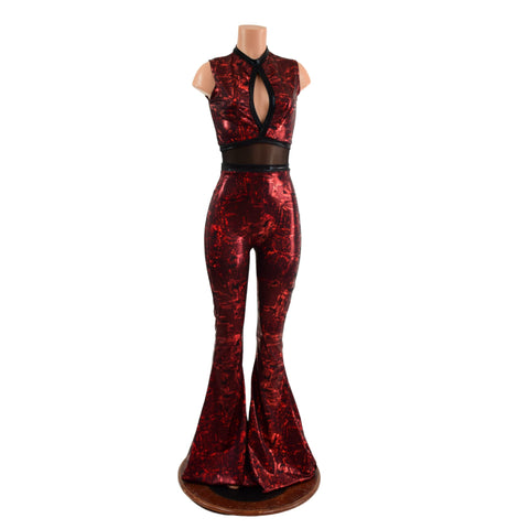 Primeval Red Solar Flare Catsuit with Keyhole Neckline - Coquetry Clothing