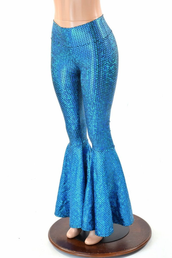 Aquamarine Fish Scale High Waist Mermaid Bell Bottom Flares - 2
