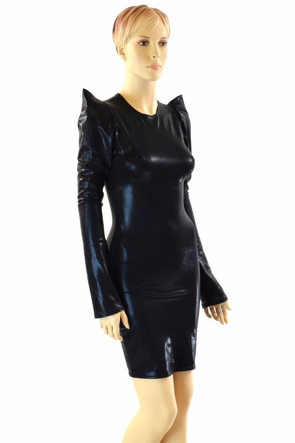 Black Metallic Sharp Shoulder Dress - 3