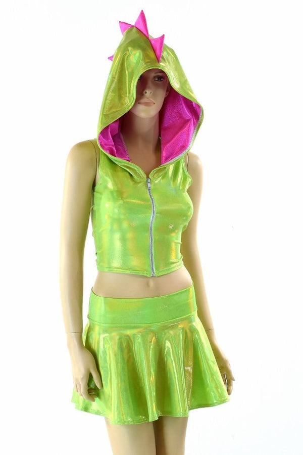Lime Holographic Crop Hoodie & Skirt Set - 2