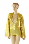 Gold Plunging V Bell Sleeve Romper with Boy Cut Leg - 5