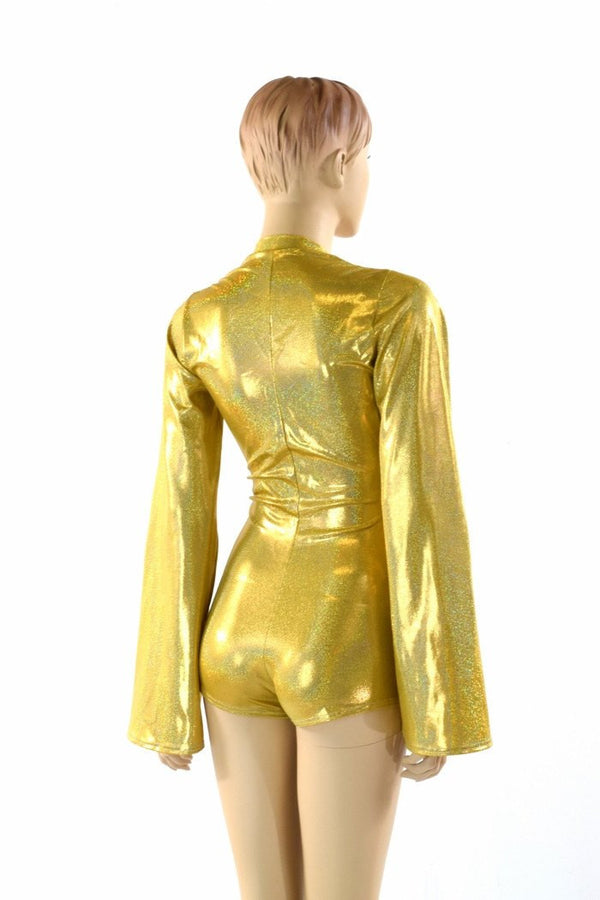 Gold Plunging V Bell Sleeve Romper with Boy Cut Leg - 3