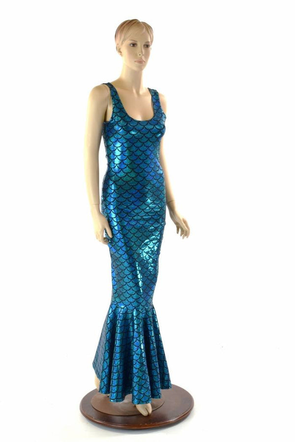 Turquoise Dragon Scale Gown with Fishtail Hemline - 2