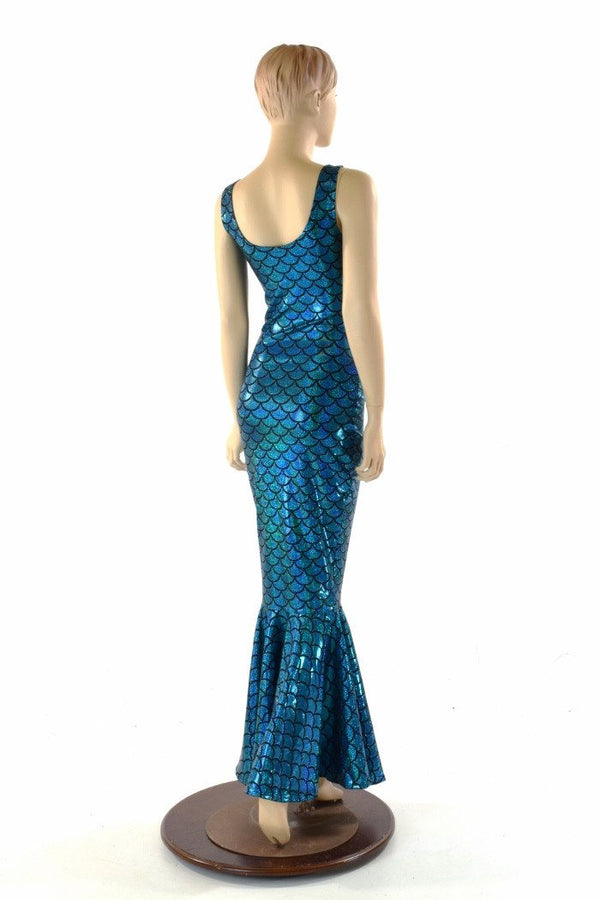 Turquoise Dragon Scale Gown with Fishtail Hemline - 3
