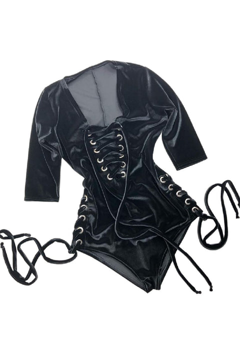 Black Velvet Lace Up Romper - Coquetry Clothing