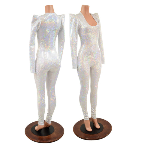 White Kaleidoscope Holographic Sharp Shoulder Catsuit - Coquetry Clothing