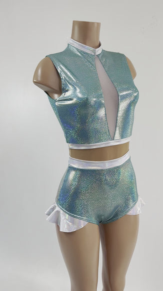 Seafoam, Flashbulb and Nude Mesh Romper with Inset Keyhole Neckline - Coquetry Clothing
