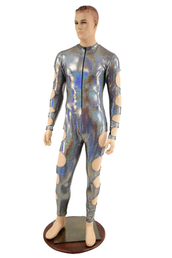 Mens Quad Cutout Catsuit in Silver Holographic - 2