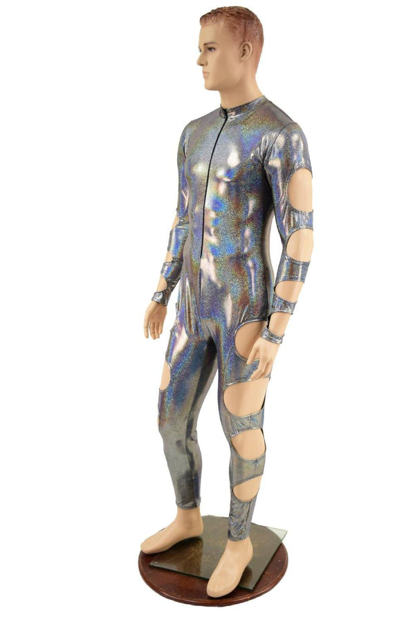 Mens Quad Cutout Catsuit in Silver Holographic - 3