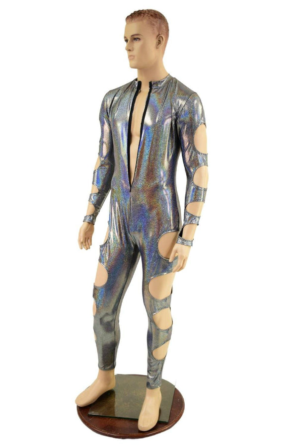 Mens Quad Cutout Catsuit in Silver Holographic - 5