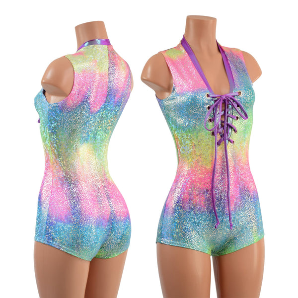 Rainbow Shattered Glass Plunging V Romper with Laceup - 1