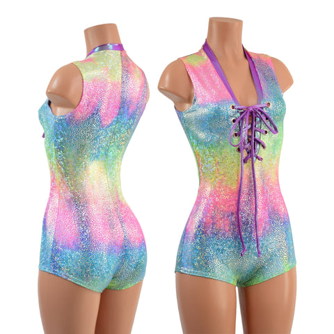 Rainbow Shattered Glass Plunging V Romper with Laceup - Coquetry Clothing