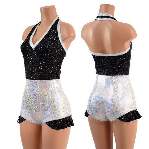 Backless Romper with Hip Ruffles in Star Noir and Silver on White Shattered Glass - Coquetry Clothing