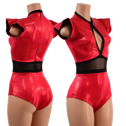 Red Sparkly Jewel Keyhole & Mesh Romper - Coquetry Clothing