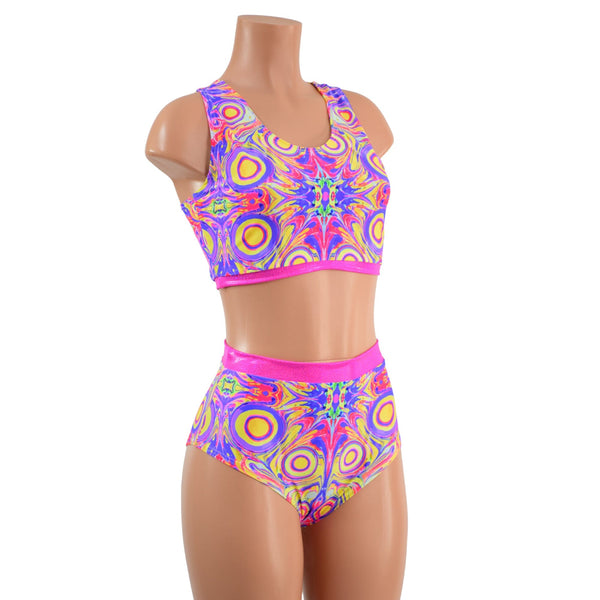 Neon Orb Racerback Crop and Siren Shorts with Pink Sparkly Jewel Trim - 5