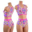 Neon Orb Racerback Crop and Siren Shorts with Pink Sparkly Jewel Trim - 1