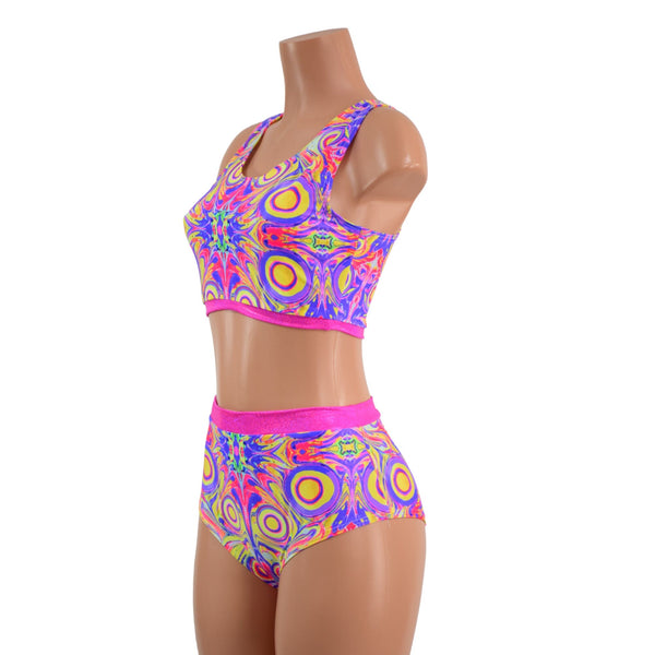 Neon Orb Racerback Crop and Siren Shorts with Pink Sparkly Jewel Trim - 3