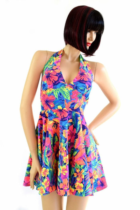 Tahitian Floral Halter Skater Dress - Coquetry Clothing