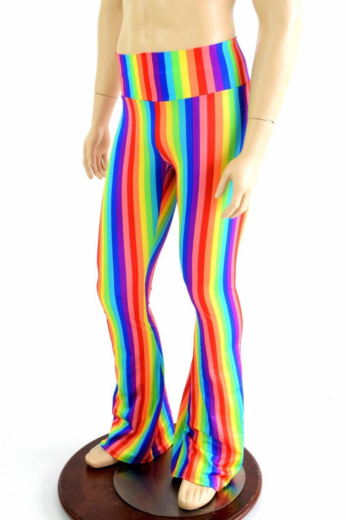Mens Jogger pants For Raves, EDC, and Burning Man Festivals shown in Rainbow  stripe spandex custom made by Suzi Fox