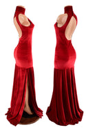 Red Velvet Side Slit Backless Trumpet Gown - 1