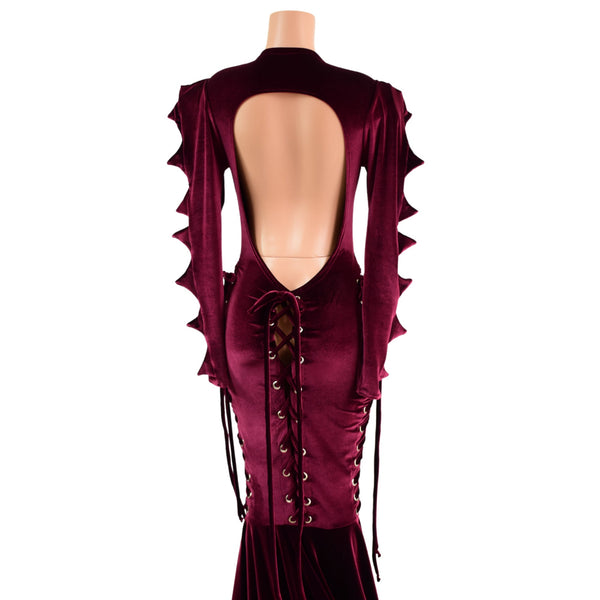Burgundy Velvet Backless Laceup Puddle Train Gown with Spikes - 5