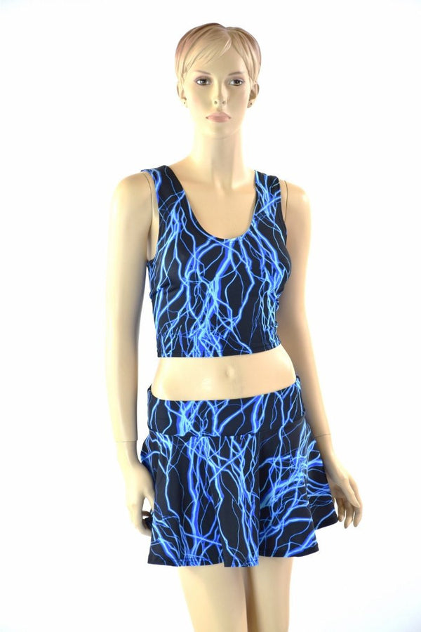 Neon Blue Lightning Crop & Skirt Set - 3