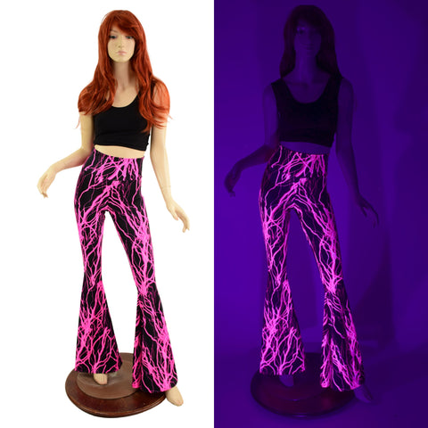 Neon Pink Lightning High Waist Solar Flares - Coquetry Clothing