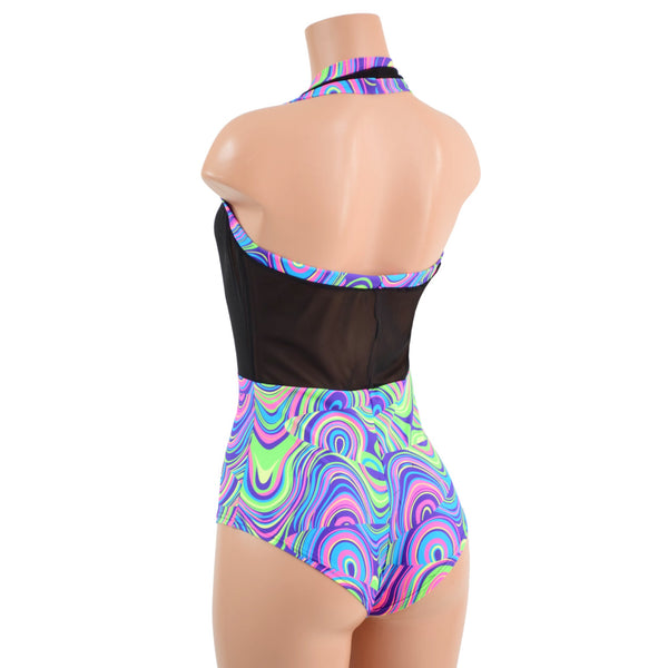Backless Bella Romper in Black Mesh and Glow Worm - 3