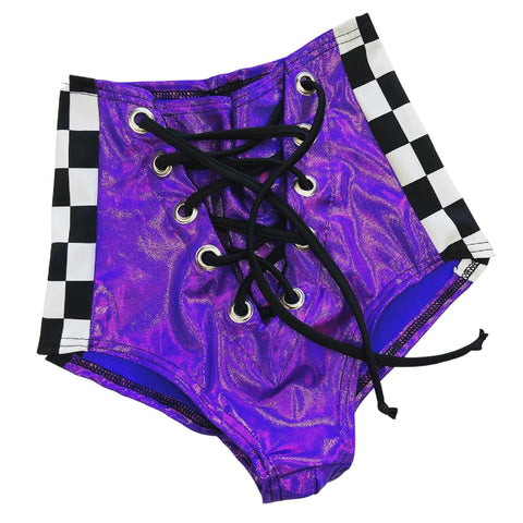 Grape Holographic Front Lace Up Siren Shorts - Coquetry Clothing