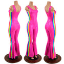 Retro Rainbow Striped Bell Bottom Tank Catsuit in Neon Pink - 1