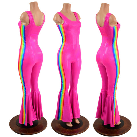 Retro Rainbow Striped Bell Bottom Tank Catsuit in Neon Pink - Coquetry Clothing