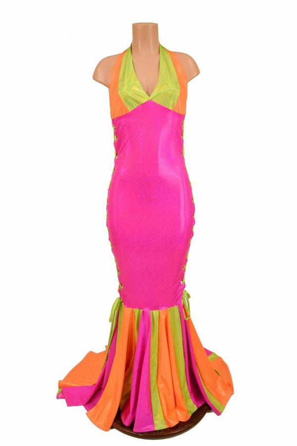 Neon Lace Up Halter Gown - 2