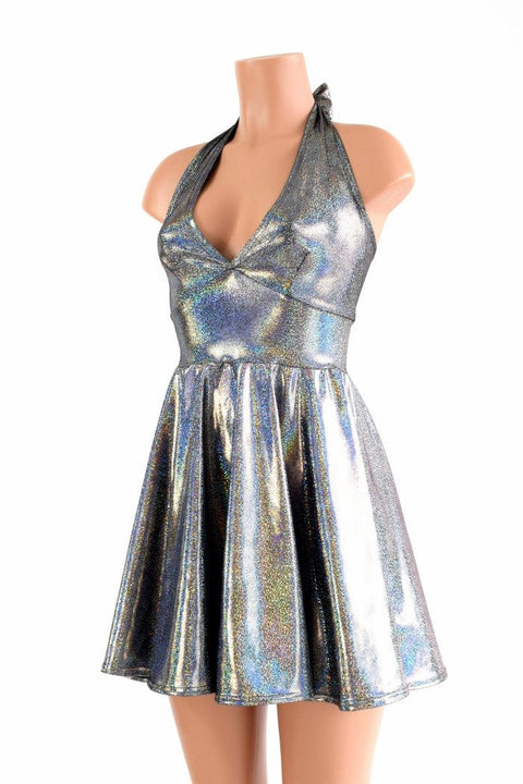Silver Holographic Halter Skater Dress - Coquetry Clothing