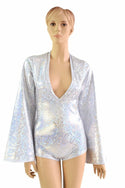 Silver on White Plunging V Bell Sleeve Romper - 2