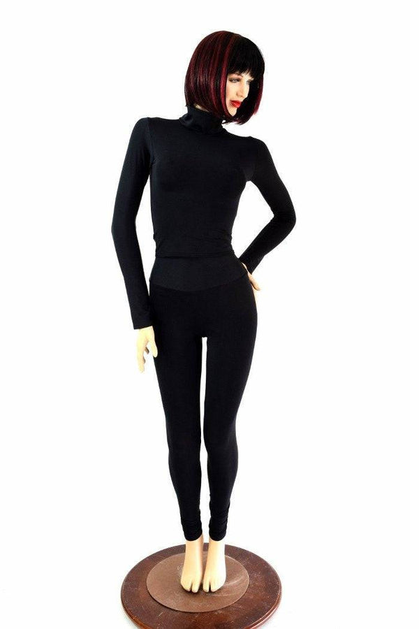 2PC Black Matte Mock Catsuit (Leggings & Crop) - 1