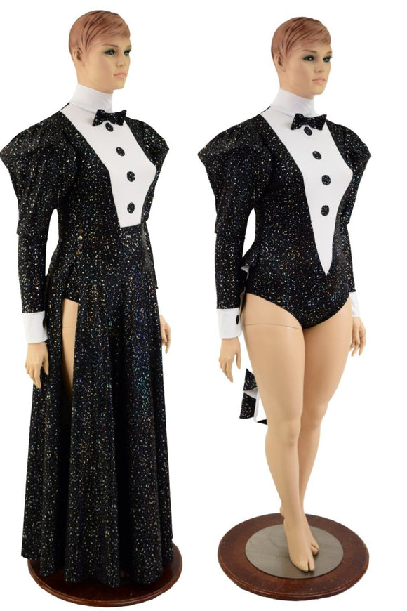 2PC Faux Tux Romper with Tails, Tie, and Turtleneck and Breakaway Skirt - Coquetry Clothing