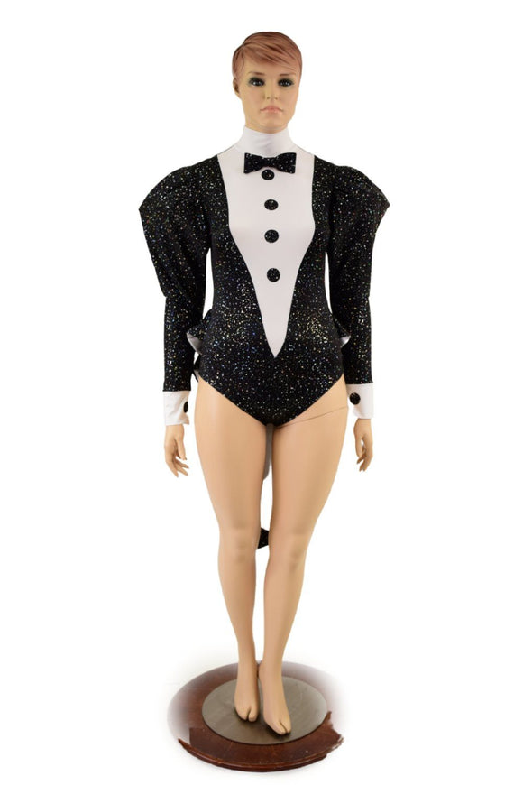 2PC Faux Tux Romper with Tails, Tie, and Turtleneck and Breakaway Skirt - Coquetry Clothing