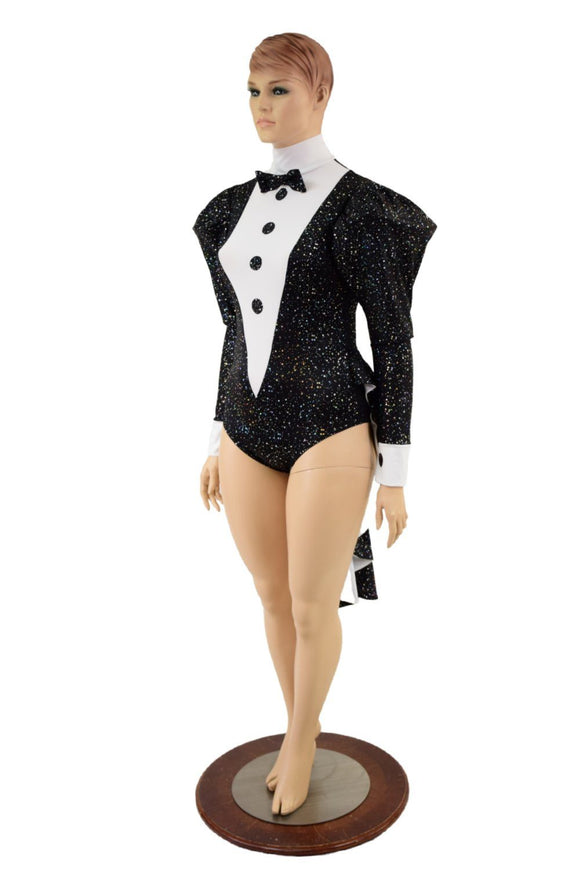 2PC Faux Tux Romper with Tails, Tie, and Turtleneck and Breakaway Skirt - Coquetry Clothing
