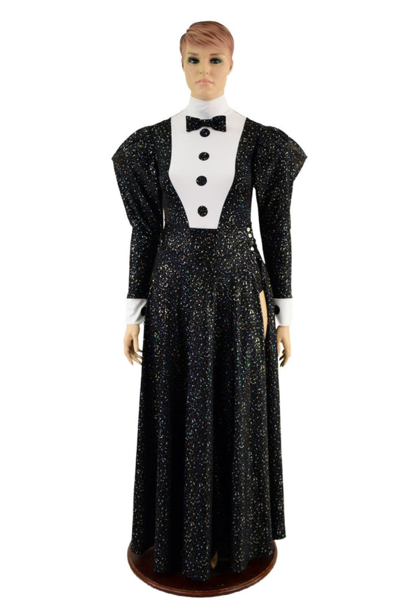 2PC Faux Tux Romper with Tails, Tie, and Turtleneck and Breakaway Skirt - Coquetry Clothing
