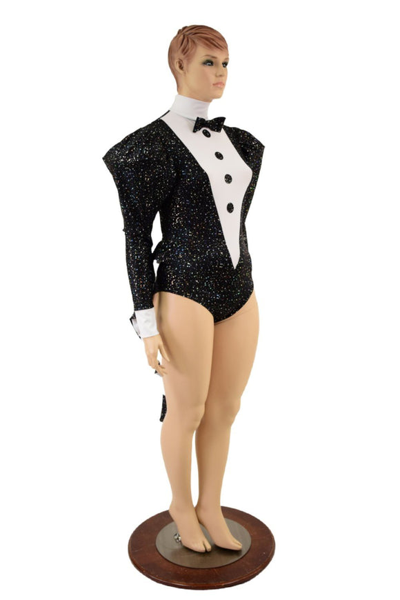 2PC Faux Tux Romper with Tails, Tie, and Turtleneck and Breakaway Skirt - Coquetry Clothing